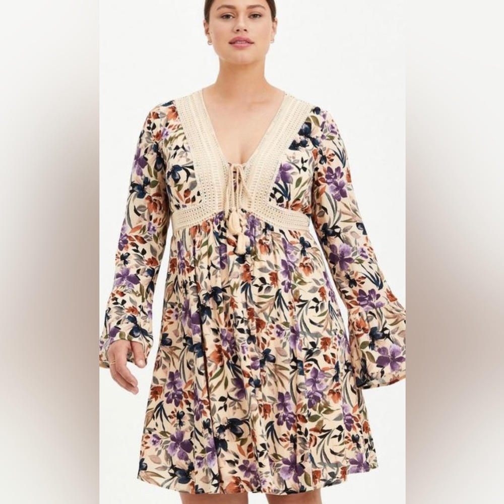 Torrid Crinkle Gauze Lace Up Flowy Floral Boho Peasant Shift Dress Ivory 1X